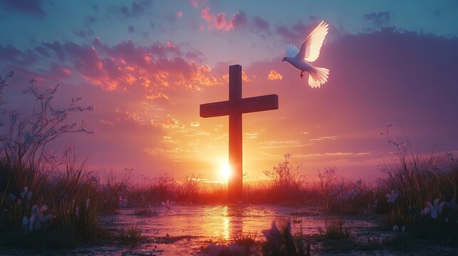 Serene Sunset Landscape with Wooden Cross and Dove Peaceful Spiritual Hopeful Christian Religious Faith Symbolism Sunrise Nature  