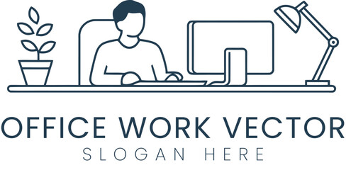 Modern Office Worker Desk Vector Illustration Design art job line icon logo lamp