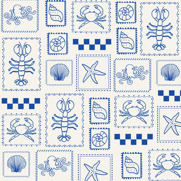 Nautical sea animal stamp seamless pattern. summer Italy vacation. Hand drawn lobster, octopus, shells and starfish design for textile, backgrounds, presentations, wrapping papers, prints, artworks.