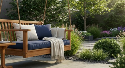 Fototapeta premium Outdoor wooden swing with soft cushions