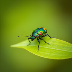 Fototapeta premium A brightly colored, intricately patterned beetle perches on a delicate green leaf, its six legs grasping tightly as