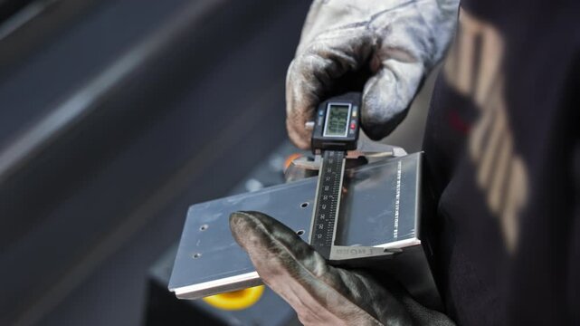 Worker using caliper to measure metal bracket edge with gloves, Precision metalworking inspection in industrial environment