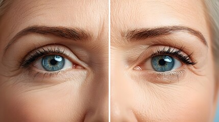 A close up photograph of a patient s eyes before and after an eyelid enhancement procedure showcasing a refreshed and balanced facial appearance with ample copy space for your message or branding