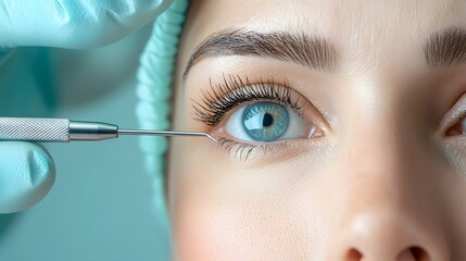 Close up Photograph of a Specialist Performing a Delicate Eyelid Rejuvenation Procedure Using Fine Surgical Tools Focusing on Precision and Symmetry and Leaving Ample Copy Space