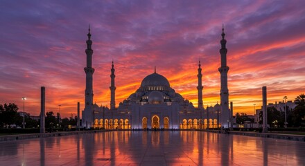 Obraz premium Grand mosque at sunset reflecting on water