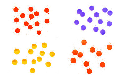 A vibrant collection of watercolor or ink splatters in red, purple, yellow, and orange.