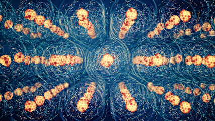 The atom consists of a nucleus containing protons and neutrons. The electrons of an atom are bound to the nucleus by the electromagnetic force.	