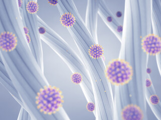 Viruses captured by HEPA filter. The fibers can also trap other airborne contaminants such as bacteria, mold, pollen and dust. Air purification technology
