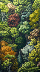 Vibrant Autumn Forest Pixel Art Lush Green Yellow Orange Red Brown Leaves Canopy