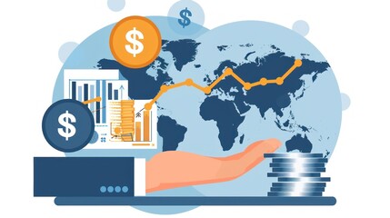 Naklejka premium Illustration of global finance with hand offering money, world map, graphs, coins, and dollars