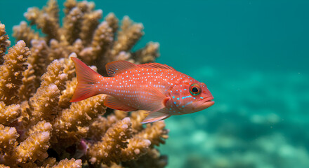 Vibrant Coral Grouper Swimming Near Orange Coral Under The Sea With Red and Blue Dots And Turquoise Water In Natural Light