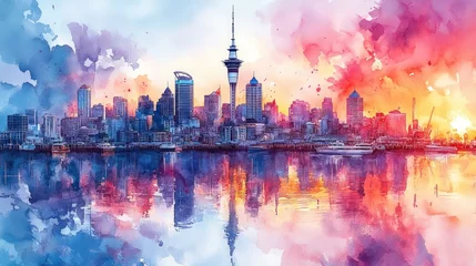 Crédence de cuisine en verre imprimé Vibrant cityscape reflected in a tranquil body of water, featuring a colourful, impressionistic sunrise/sunset