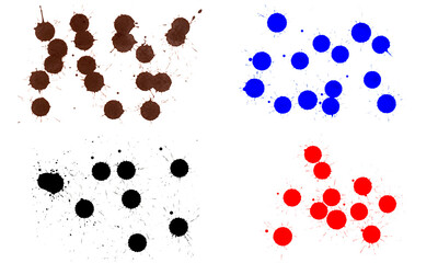 A digital abstract photography composed of splattered ink dots in brown, blue, black, and red