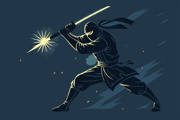 Create a dynamic vector illustration of a ninja silhouette in a mid-action pose, showcasing stealth and agility.  The style should be clean and impactful, ideal for a logo or graphic design. © takasan