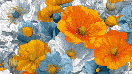 A vibrant floral pattern, featuring various types of stylized flowers in a repeating design