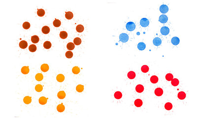 A high-resolution image of colorful ink splatter circles arranged in a grid format. red, blue, orange, and brown