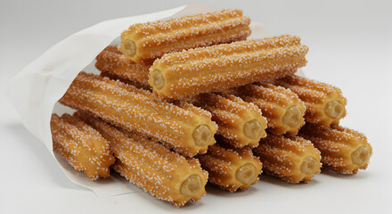 Pile Of Golden Churros Sprinkled With Sugar Inside White Paper Bag Against White Background