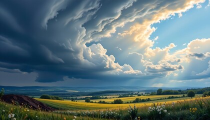 Dramatic Sky over Rolling Hills and Golden Fields Peaceful Landscape