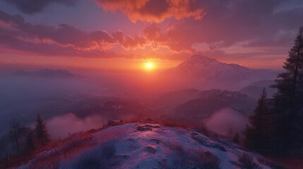 Majestic mountain sunset with vibrant sky and snowy landscape