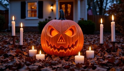 Obraz premium Spooky Halloween Jack o' lantern with Glowing Candles on Autumn Leaves