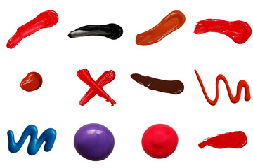 A set of twelve vivid paint smears, strokes, and blobs in red, orange, blue, black, purple, and brown