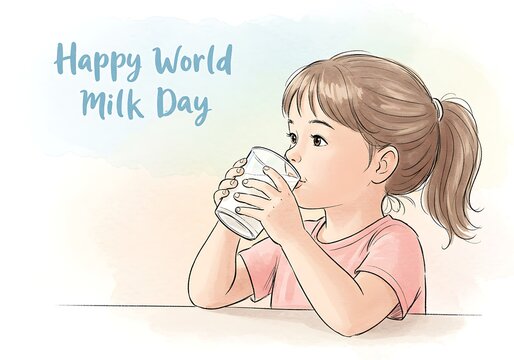Young girl with ponytail joyfully drinking a glass of milk to celebrate World Milk Day, illustration
