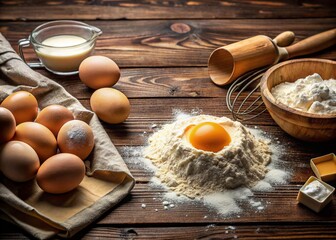 Baking Ingredients: Flour, Eggs, Butter - Dough Preparation