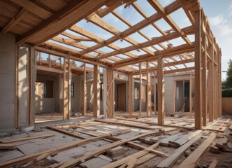 Fototapeta premium Modern home extension framing, under construction, framing, roof, extension