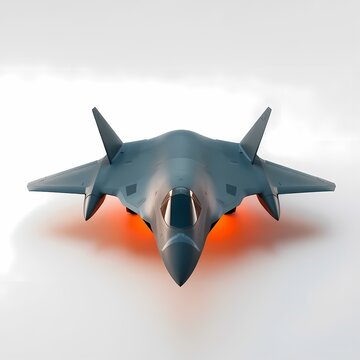 A sleek, gray fighter jet with two canards and a pointed nose sits on a white background. The jet's afterburners are glowing orange