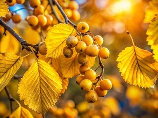 Autumnal Yellow Alder Branch with Hanging Fruits - Vibrant Fall Nature Stock Photo