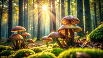 Autumnal Forest Floor with Abundant Cep Mushrooms, Sunlight Dappled, Mossy Fallen Leaves
