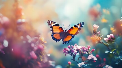 An artistic representation of a butterfly in flight, with a blurred background of a blooming garden, capturing the essence of freedom and beauty.