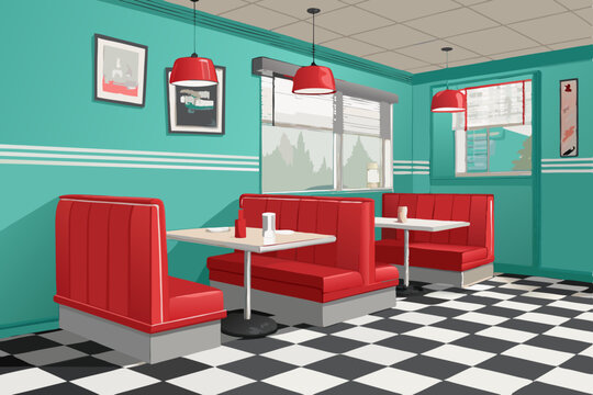 Create a vector background depicting a retro diner scene, featuring a prominent bold red diner booth.  Include classic diner details.