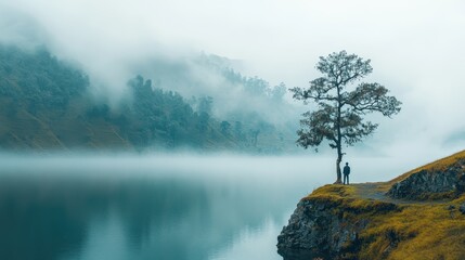 Solitary figure by misty lake with tree and mountains in misty landscape