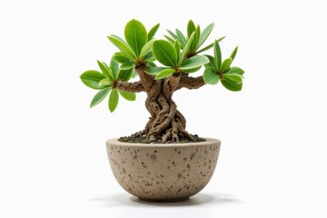 A small bonsai tree with thick green leaves in a textured stone pot against a white background.