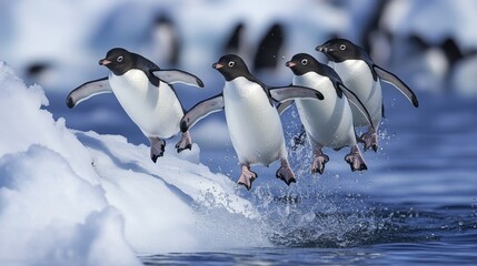 Obraz premium Adelie penguins jumping into icy water in antarctic landscape
