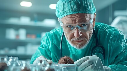 Close up of a doctor carefully examining a patient s scalp under bright clinical lighting assessing the results of a recent follicle implantation procedure to ensure optimal hair and scalp health