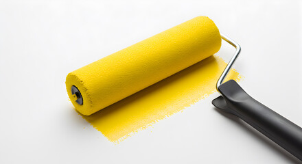 Yellow Paint Roller Applying Color to White Surface Close Up