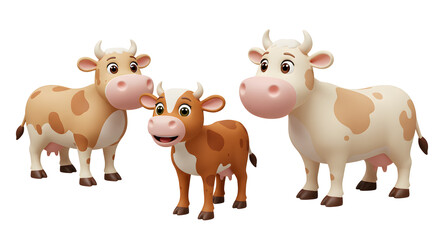 Obraz premium Three Cartoon Cows Depicted in a Family Group with Brown and White Spotted Coats on White Background