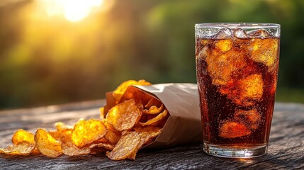 Crispy chips and cold soda on a rustic table