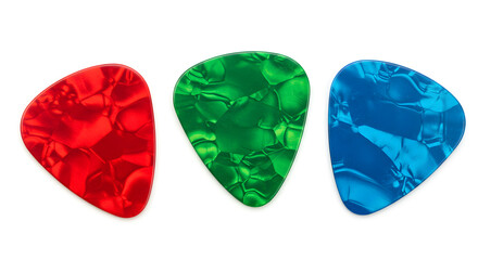 Three Colorful Guitar Picks Isolated on White Background Displaying Red Green and Blue