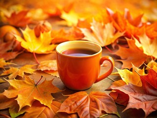 Autumn Coffee: Cozy Orange Mug on Maple Leaf Background