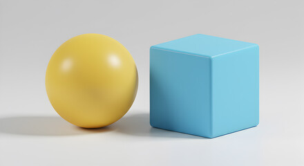 Obraz premium Yellow Sphere And Blue Cube On White Background With Soft Shadow 3d Render