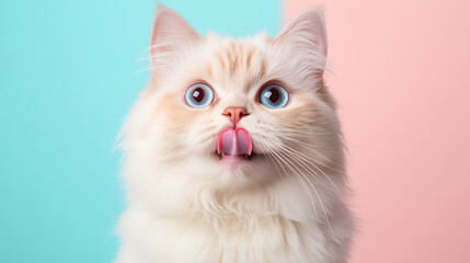 Close-up of a fluffy Ragdoll cat with striking blue eyes. The pet is licking its nose and its tongue is visible. The background is split in pink and blue