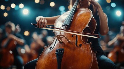 Female cellist performing on stage under bright lights in concert setting