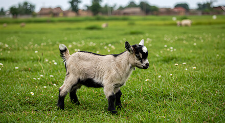 Obraz premium Young Goat With Black And White Fur Standing In Green Field On A Sunny Day
