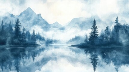 Fototapeta premium Tranquil Misty Mountain Lake Scene with Reflections Surrounded by Tall Evergreen Trees and Rugged Peaks in a Serene Landscape Painting