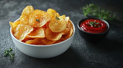 Crispy potato chips in a bowl with ketchup