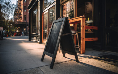 Black A-frame chalkboard sign outside shop with wooden shelving