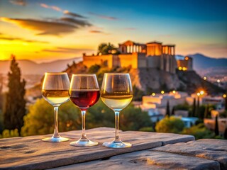 Athens Acropolis Panoramic: Red & White Wine Glasses Sunset
